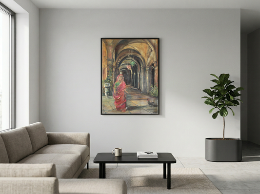 Original Indian Heritage Corridor Painting – Woman in Traditional Saree – Handmade Cultural Fine Art (SB)