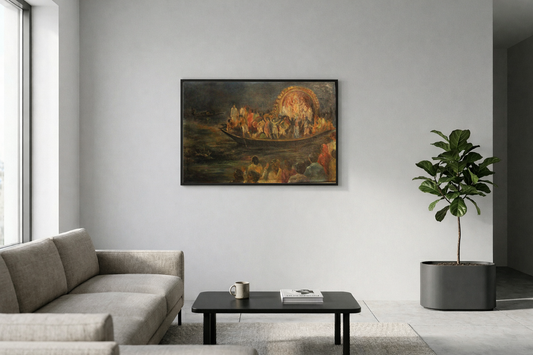 Original Durga Immersion Boat Painting – Indian Cultural Festival Art – Hand-Painted River Procession Artwork (SB)