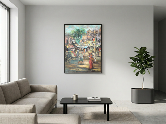 Original Indian Street Scene Painting – Handcrafted Cultural Artwork – Urban Marketplace & Rickshaw Life Fine Art (SB)