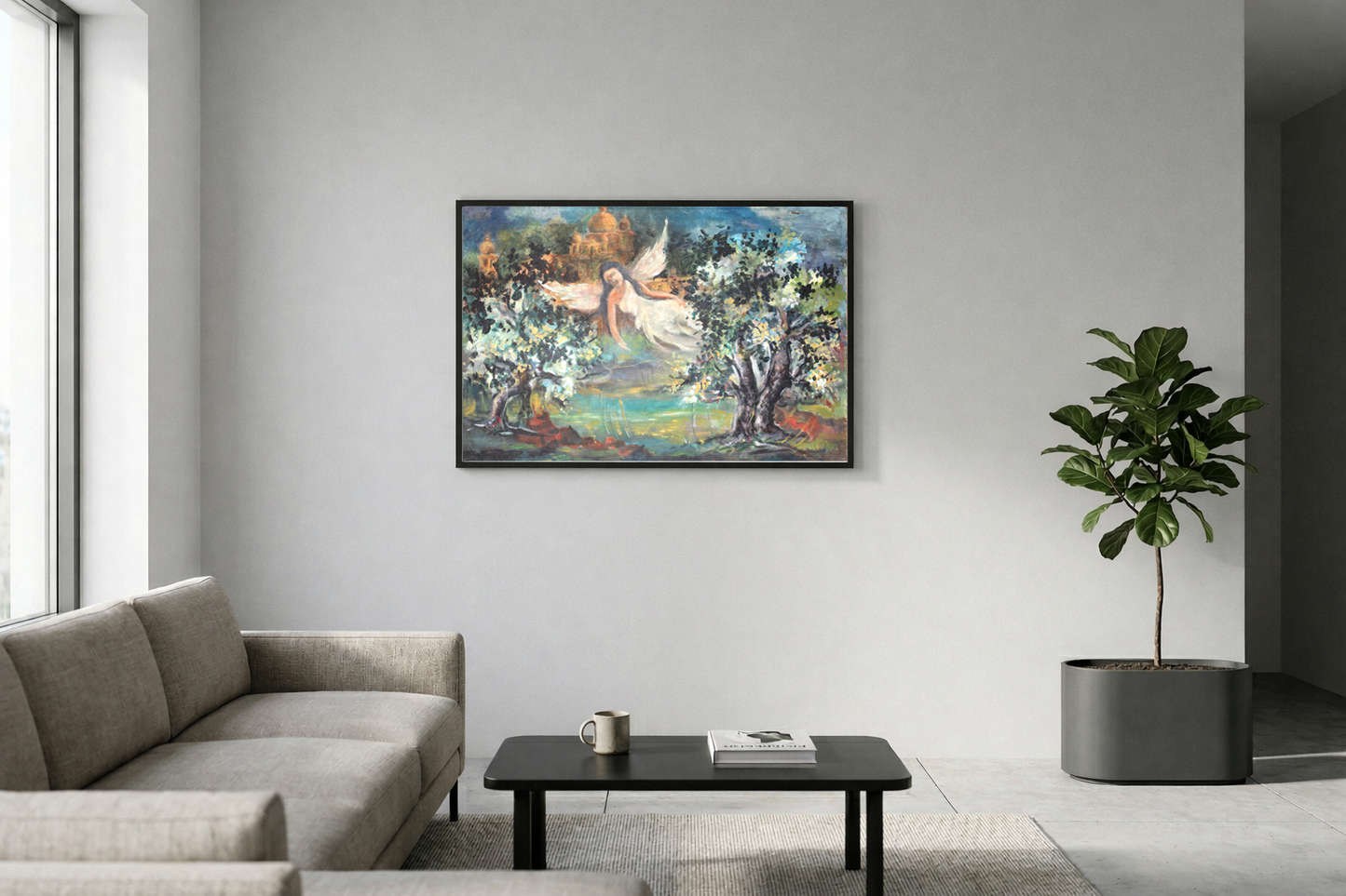 Original Mythical Angel Painting – Hand-Painted Fantasy Art with Dreamlike Landscape – Collectible Fine Art Wall Decor (SB)