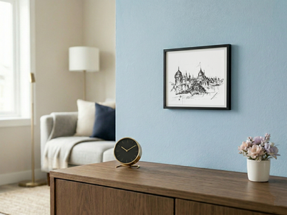 Original Pen & Ink Architectural Drawing – Historic Palace Cityscape – Black Ink Hand-Drawn Sketch (SB)