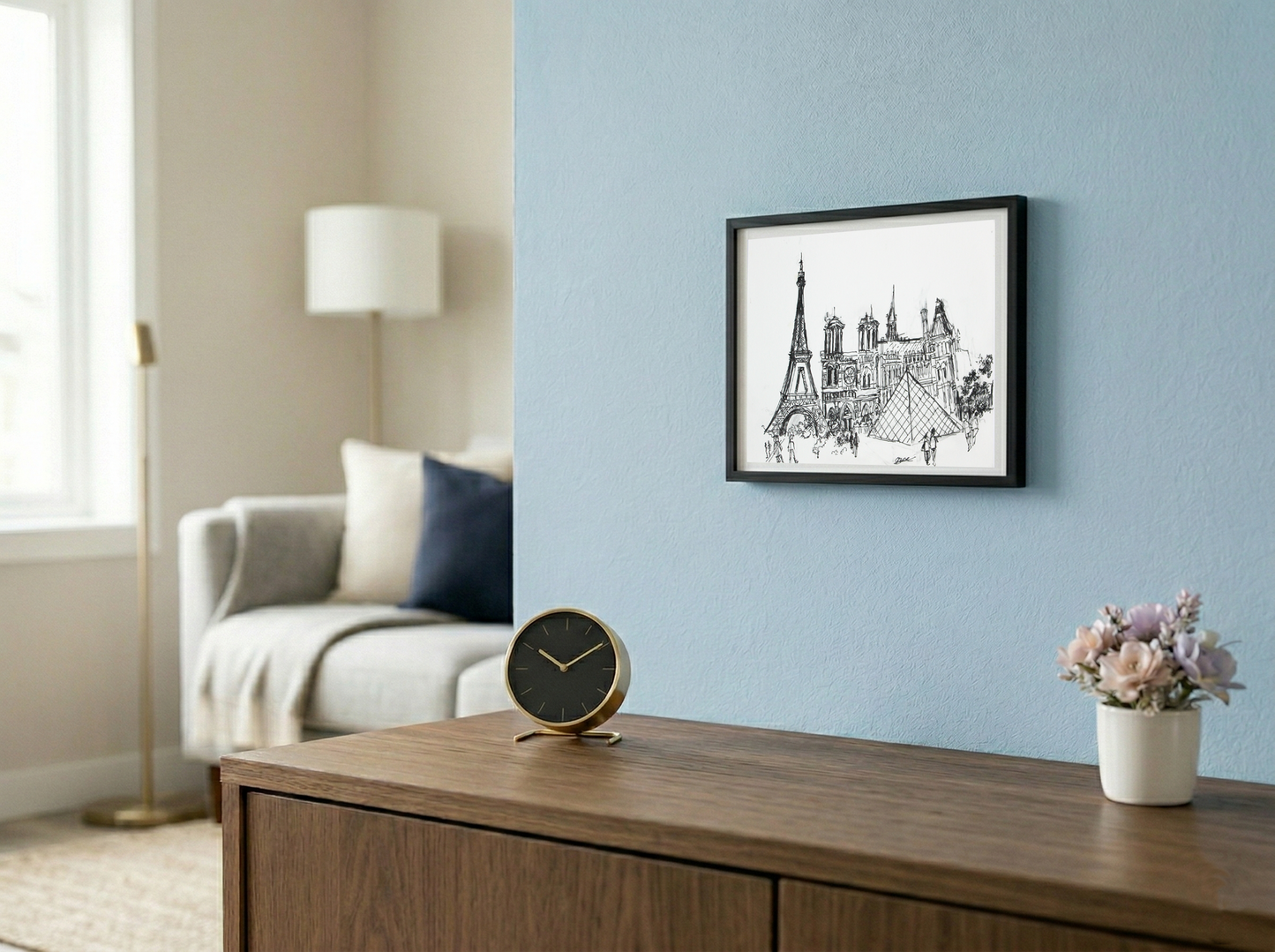 Original Pen & Ink Paris Cityscape Drawing – Eiffel Tower & Notre-Dame – Black Ink Architectural Sketch(SB)