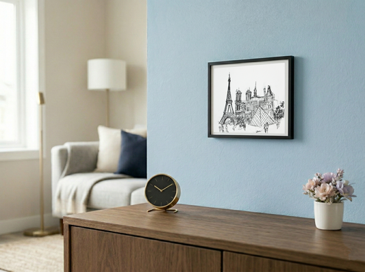 Original Pen & Ink Paris Cityscape Drawing – Eiffel Tower & Notre-Dame – Black Ink Architectural Sketch(SB)