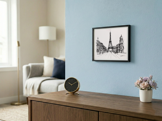 Original Pen & Ink Paris Cityscape Drawing – Eiffel Tower Street View – Black Ink Architectural Sketch (SB)