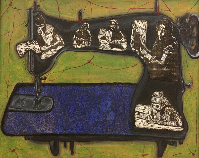Sewing machine with embroidered figures on a textured background