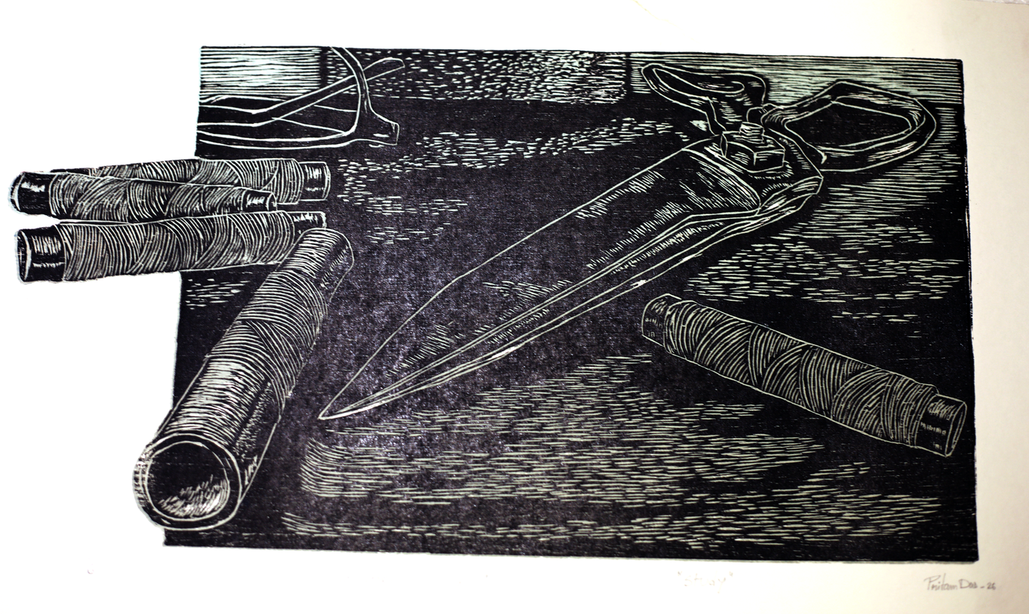Contemporary Art Color Woodcut on Paper – “Study” by Pritam Das | Tailoring Tools Inspired Artwork