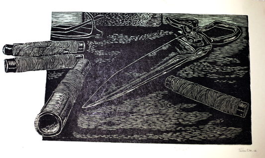 Contemporary Art Color Woodcut on Paper – “Study” by Pritam Das | Tailoring Tools Inspired Artwork