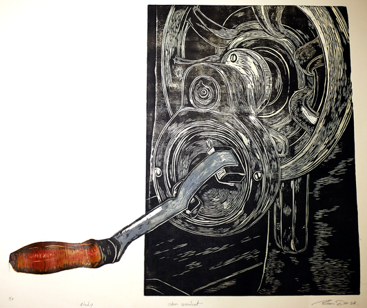 Contemporary Art Color Woodcut on Paper – “Study” by Pritam Das | Sewing Machine Mechanical Artwork