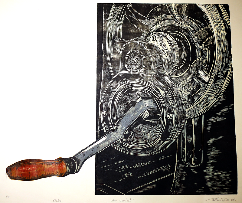 Contemporary Art Color Woodcut on Paper – “Study” by Pritam Das | Sewing Machine Mechanical Artwork