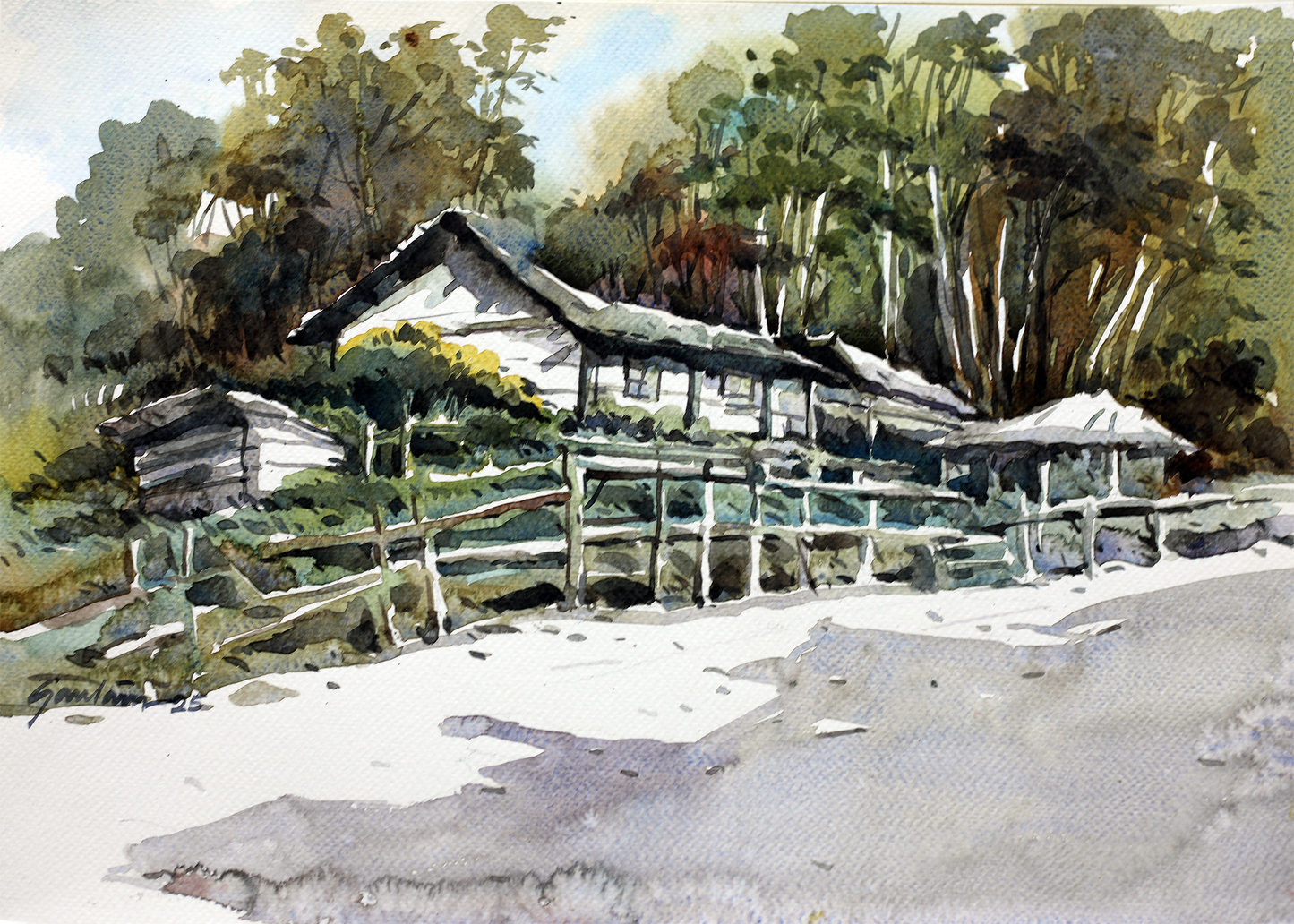 Watercolor Landscape – Riverside Village House by Gautam Das | Serene Nature Painting