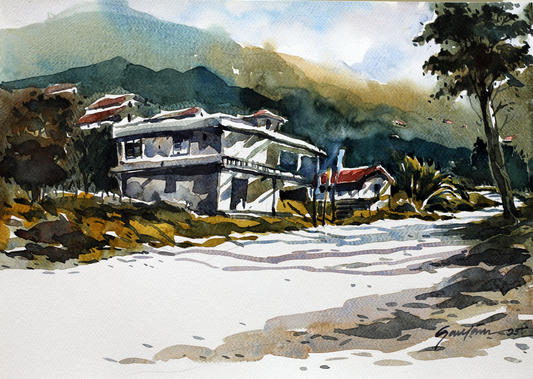 Watercolor Landscape – Mountain Village Road by Gautam Das | Serene Nature Painting