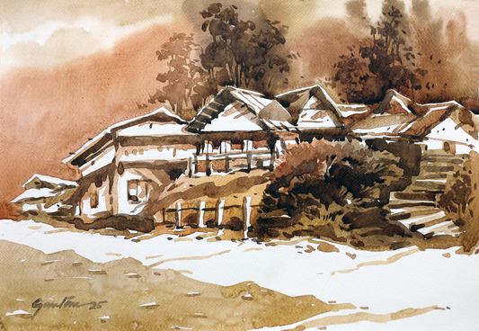 Watercolor Landscape – Rustic Hillside Village by Gautam Das | Earth Tone Nature Painting