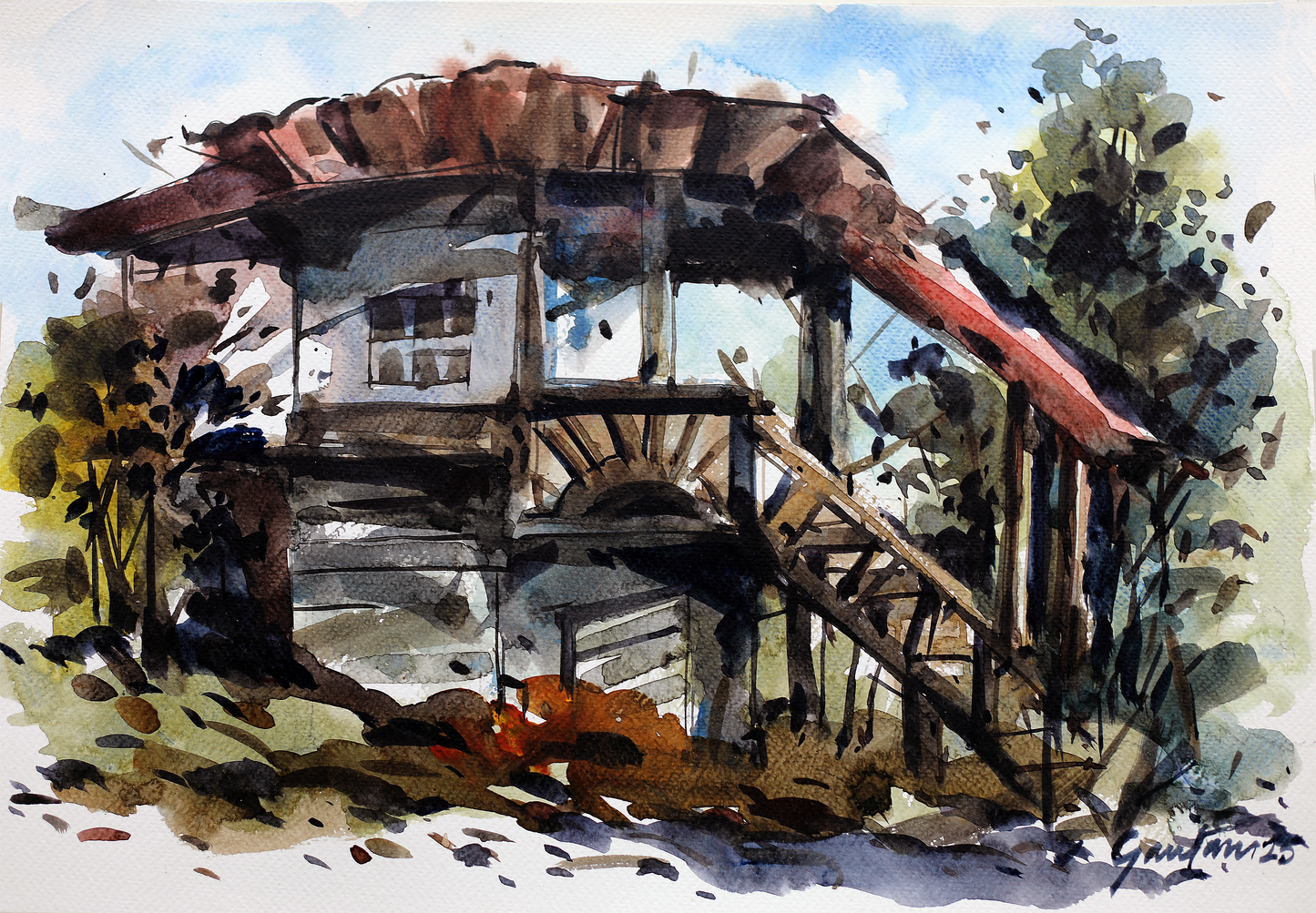 Watercolor Landscape – Rustic Village House by Gautam Das | Expressive Architectural Painting