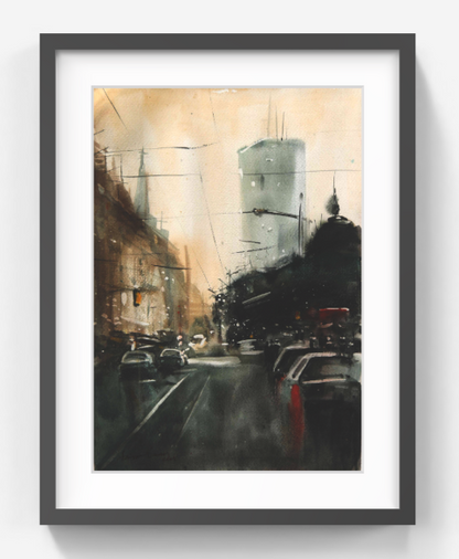 Cityscape at Dusk Glow – Contemporary Urban Cityscape Painting (AB)