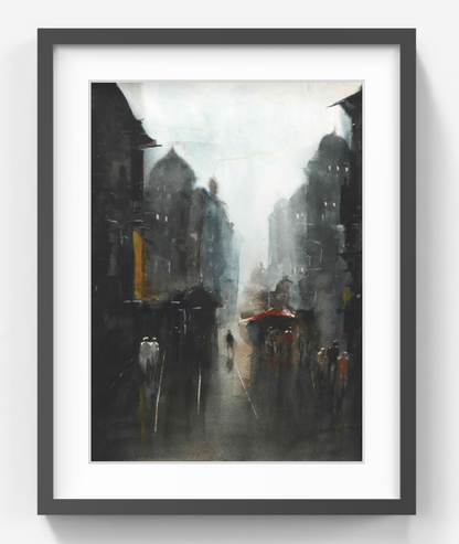 Cityscape with Red Umbrella – Contemporary Urban Cityscape Painting (AB)