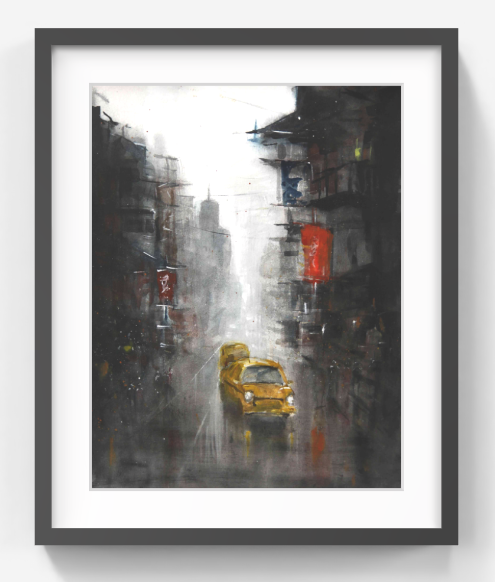 Cityscape with Yellow Taxi – Contemporary Urban Cityscape Painting (AB)