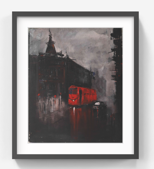 Cityscape with Red Tram – Contemporary Urban Cityscape Painting (AB)