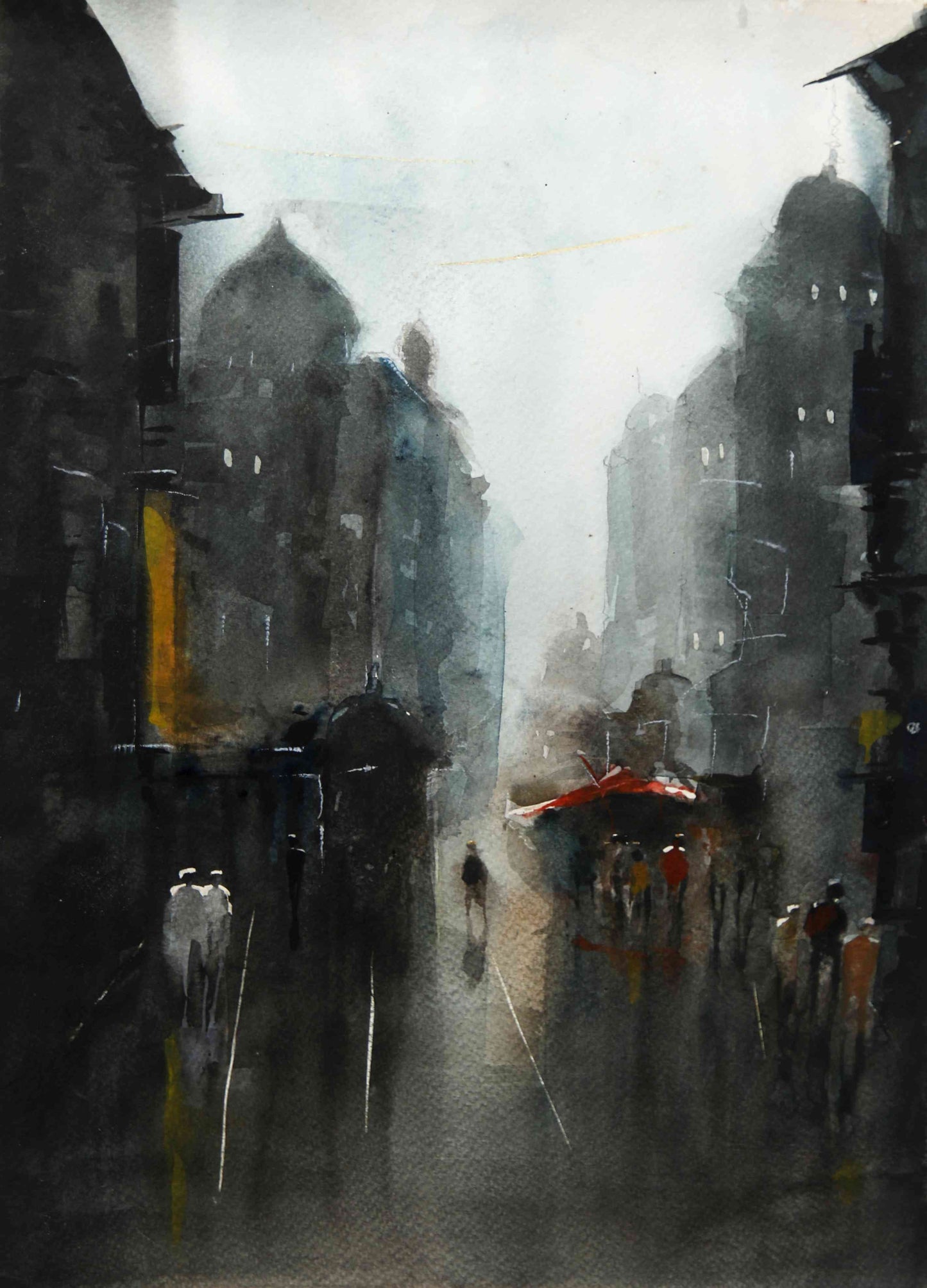 Cityscape with Red Umbrella – Contemporary Urban Cityscape Painting (AB)