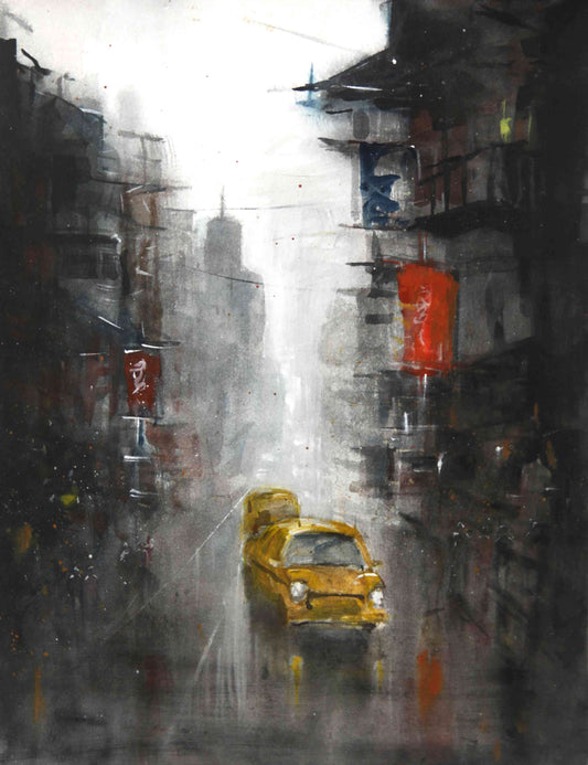 Cityscape with Yellow Taxi – Contemporary Urban Cityscape Painting (AB)