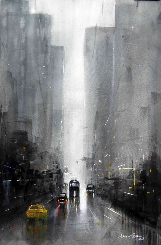 Cityscape of Light and Rain – Contemporary Urban Cityscape Painting (AB)