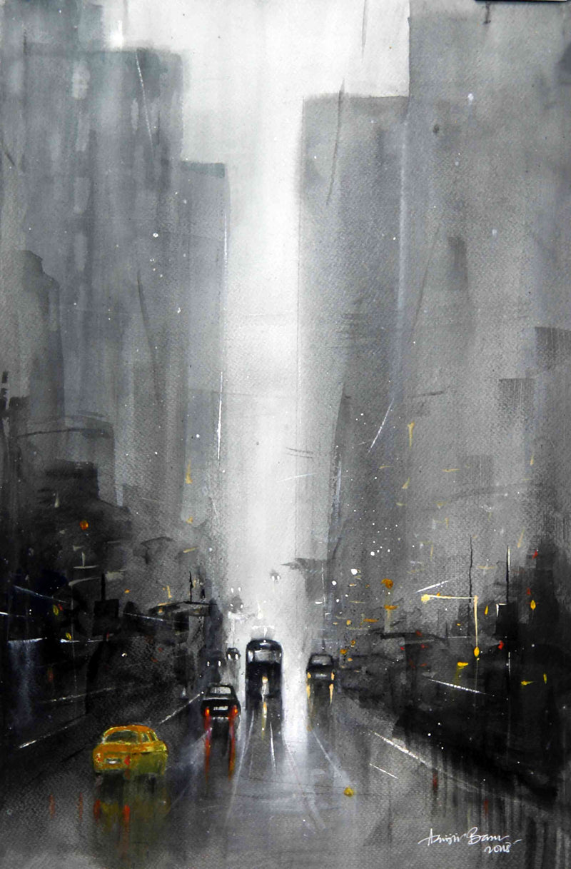 Cityscape of Light and Rain – Contemporary Urban Cityscape Painting (AB)