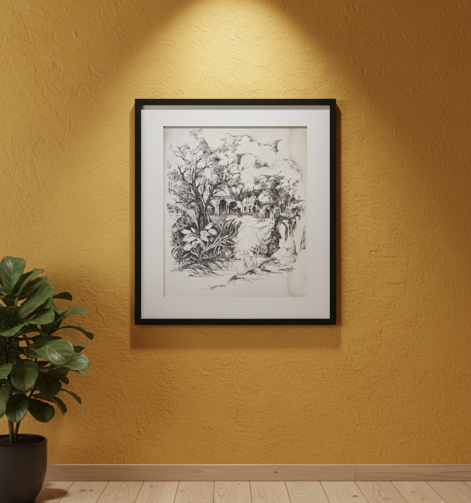 Original Pen & Ink Landscape Drawing – Botanical & Architectural Wall Art – Black Ink Artwork (SB)