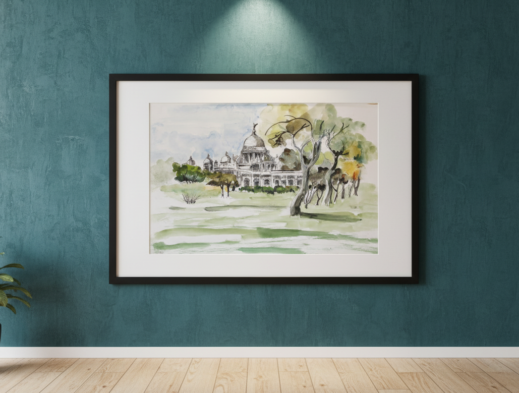 Victoria Memorial Kolkata – Original Watercolor & Ink Drawing – Handmade India Landmark Wall Decor (SB)