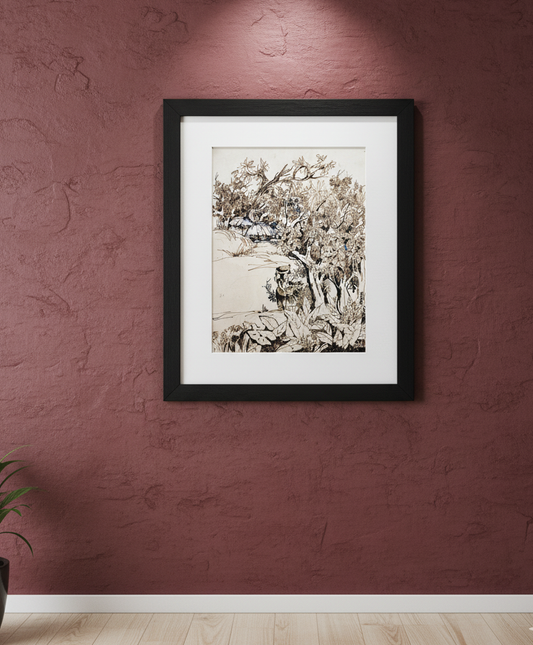 Original Pen & Ink Rural Landscape Drawing – Botanical Wall Art – Black & Brown Ink Artwork (SB)