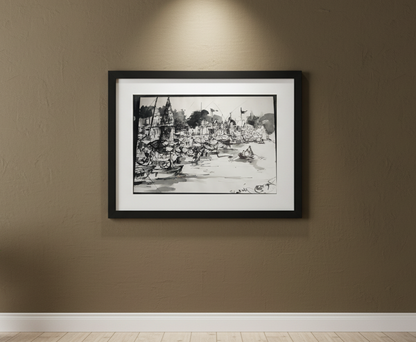 Original Ink Wash Riverfront Drawing – Indian Ghats & Boats Illustration – Black & White Cultural Landscape Art (SB)