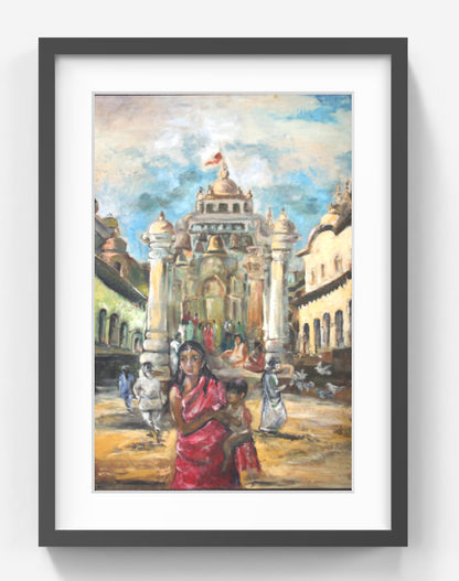Original Indian Temple Scene Painting – Figurative Cultural Artwork with Architecture – Hand-Painted Heritage Fine Art (SB)