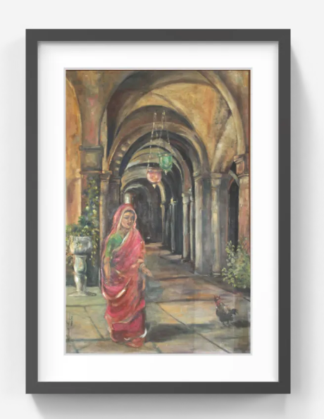 Original Indian Heritage Corridor Painting – Woman in Traditional Saree – Handmade Cultural Fine Art (SB)