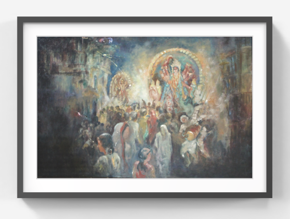 Durga Puja Festival Painting – Original Indian Cultural Artwork – Bengal Heritage Celebration Art on Canvas (SB)