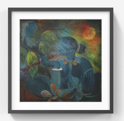 Original Krishna Painting – Handmade Indian Spiritual Art – Modern Mythology Canvas with Flute and Nature Motifs