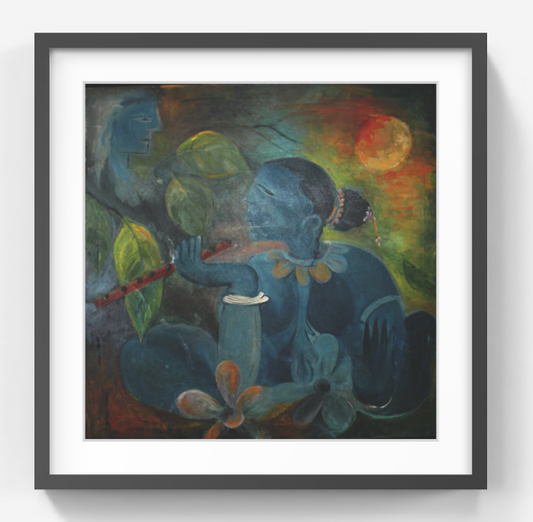 Original Krishna Painting – Handmade Indian Spiritual Art – Modern Mythology Canvas with Flute and Nature Motifs