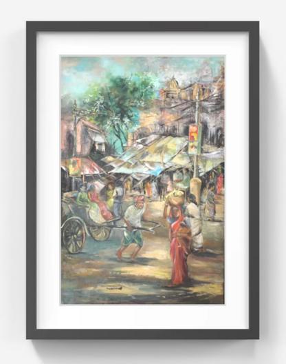 Original Indian Street Scene Painting – Handcrafted Cultural Artwork – Urban Marketplace & Rickshaw Life Fine Art (SB)