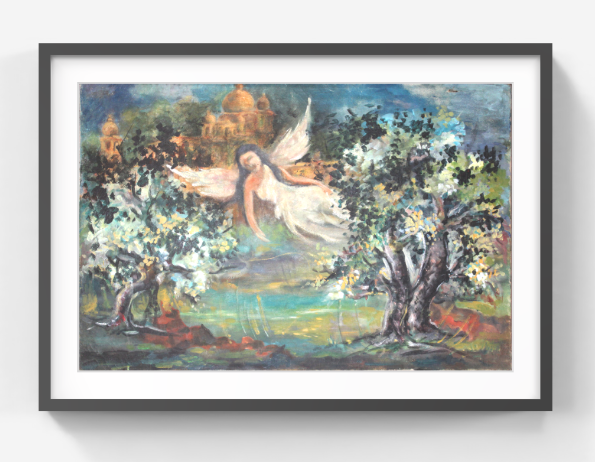 Original Mythical Angel Painting – Hand-Painted Fantasy Art with Dreamlike Landscape – Collectible Fine Art Wall Decor (SB)