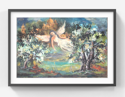 Original Mythical Angel Painting – Hand-Painted Fantasy Art with Dreamlike Landscape – Collectible Fine Art Wall Decor (SB)