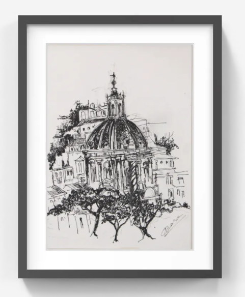 Original Pen & Ink Architectural Drawing – Domed Historic Building – Black Ink Classical Cityscape Sketch (SB)
