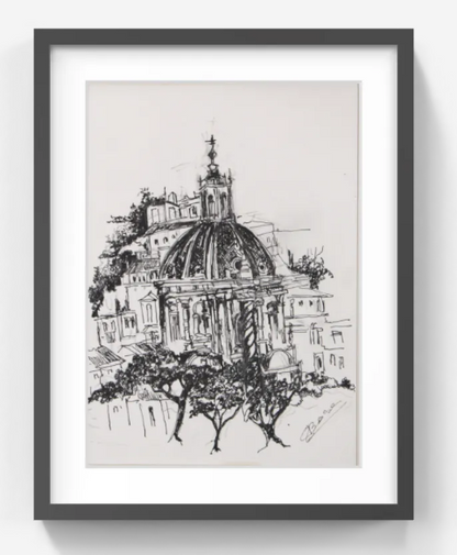 Original Pen & Ink Architectural Drawing – Domed Historic Building – Black Ink Classical Cityscape Sketch (SB)