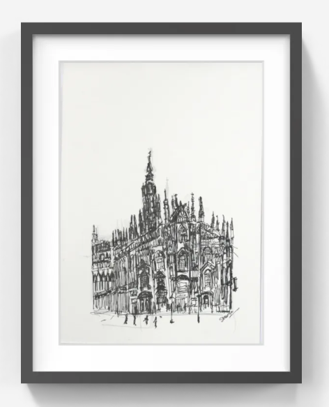 Original Pen & Ink Architectural Drawing – Historic European Cathedral – Black Ink Cityscape Sketch (SB)