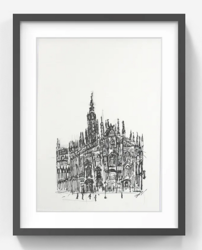 Original Pen & Ink Architectural Drawing – Historic European Cathedral – Black Ink Cityscape Sketch (SB)