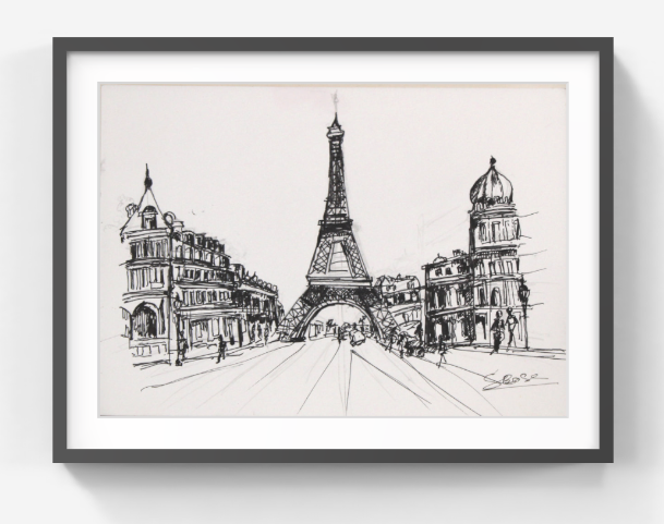 Original Pen & Ink Paris Cityscape Drawing – Eiffel Tower Street View – Black Ink Architectural Sketch (SB)