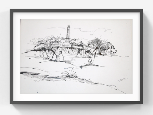 Original Pen & Ink Urban Landscape Drawing – Public Square with Monument – Black Ink Figurative City Sketch (SB)