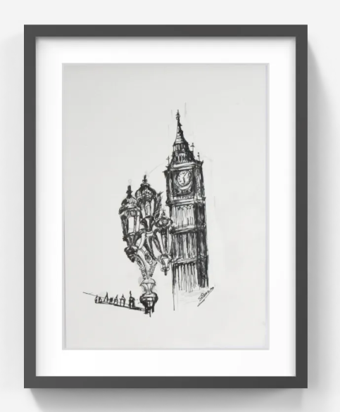 Original Pen & Ink London Cityscape Drawing – Big Ben Art – Black Ink Architectural Sketch (SB)