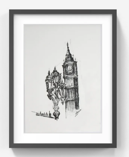 Original Pen & Ink London Cityscape Drawing – Big Ben Art – Black Ink Architectural Sketch (SB)