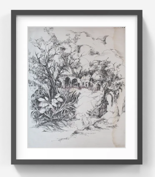 Original Pen & Ink Landscape Drawing – Botanical & Architectural Wall Art – Black Ink Artwork (SB)