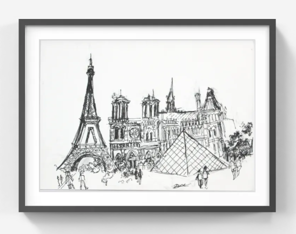 Original Pen & Ink Paris Cityscape Drawing – Eiffel Tower & Notre-Dame – Black Ink Architectural Sketch(SB)