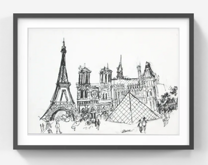 Original Pen & Ink Paris Cityscape Drawing – Eiffel Tower & Notre-Dame – Black Ink Architectural Sketch(SB)