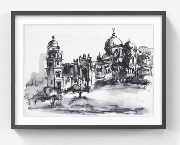 Framed black and white drawing of a large building with domes on a white background