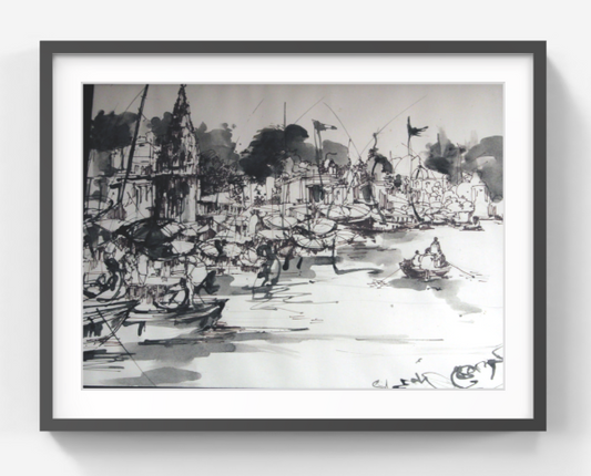 Original Ink Wash Riverfront Drawing – Indian Ghats & Boats Illustration – Black & White Cultural Landscape Art (SB)